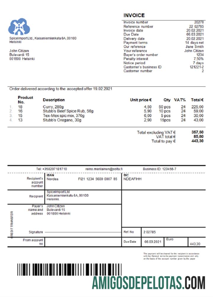 Fatura da Finlândia SpiceImport Ltd amostra